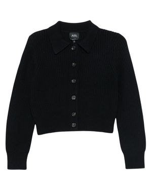 A.P.C. Ribbed Knit Cropped Cardigan With Classic Collar - Black