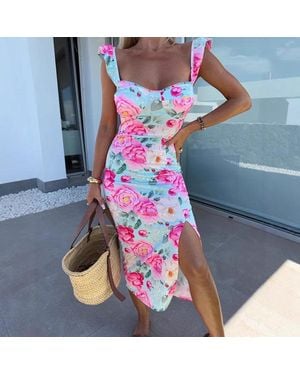 TRUEDAMES Summer Elegant Design French Floral Spaghetti Strap Slit Midi Dress - Blue