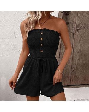 TRUEDAMES Summer Casual Vacation Solid Color Jumpsuit Design Sense Elastic Tube Top Jumpsuit Shorts Belted Wide Leg Jumpsuit With Button - Black