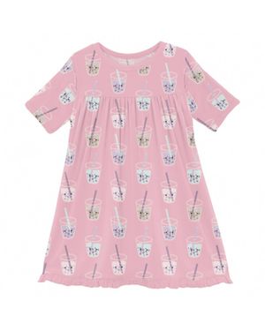 KICKEE Girl's Classic Short Sleeve Swing Dress - Pink