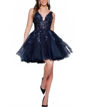 Jovani Fit & Flare Tulle Cocktail Dress - Blue