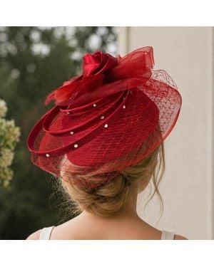 Fashnzfab Elegant Floral Feather Accent Rhinestone Embellished Mesh Veil Fascinator Dressy Hat - Red