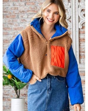 Veveret Colorblock Fleece Quilted Puffer Pullover Jacket - Blue