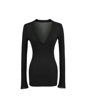 TRUEDAMES Deep V Neck Sheer T-Shirt - Black