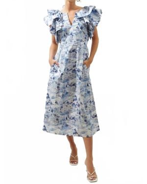 Sugarlips Francine Toile Sky Ruffle Tiered Midi Dress - Blue