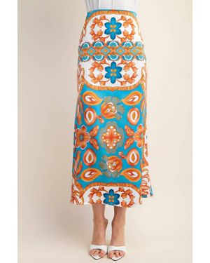 Gigio Printed Satin Midi Skirt - Blue