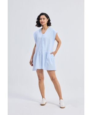 REISTOR Oversized V Neck Short Dress With Frayed Sleeves - Blue