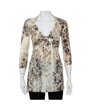 Roberto Cavalli Cream Animal Printed Knit Drape Detail Tunic - White