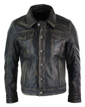 TruClothing Washed Leather Short Biker Jacket - Black