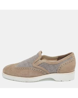 Santoni Brogue Suede And Canvas Slip On Sneakers - Gray