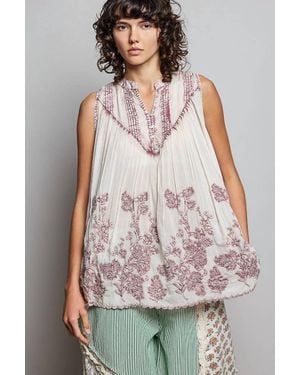 Pol Embroidered V Neck Sleeveless Elastic Loop Shirring Top - Metallic