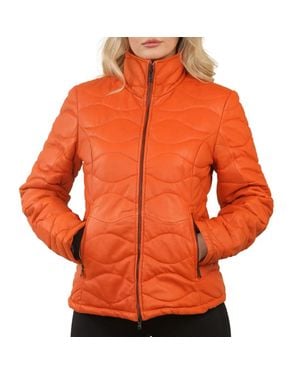 TruClothing Puffer Quilted Mid Length Leather Jacket - Orange