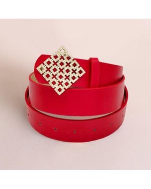 Fashnzfab Rhinestone Embellished Square Cluster Buckle Faux Leather Belt - Red