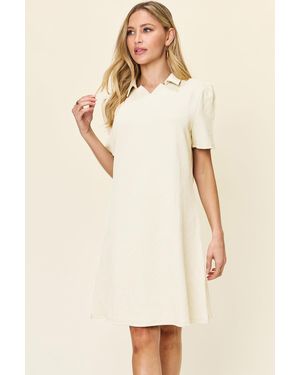TRUEDAMES Full Size Texture Collared Neck Short Sleeve Dress - Natural