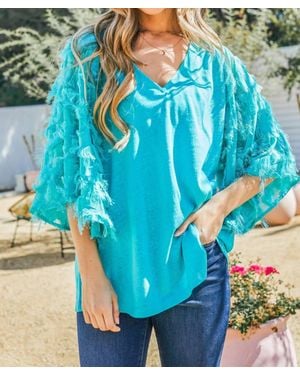 And The Why Feather Detailed 3/4 Sleeve Slub Top - Blue