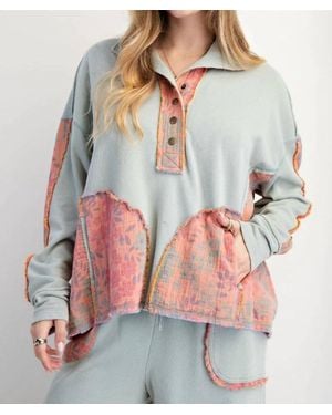 Easel Floral Print Mock Neck Washed Terry Pullover - Gray