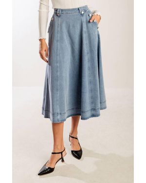 TRUEDAMES At First Glance Denim Midi Skirt - Blue