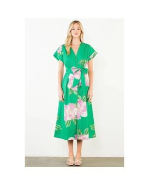 Thml Floral V-Neck Belt Midi Dress - Green