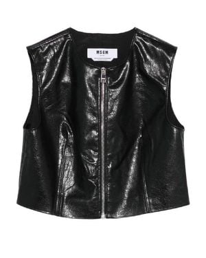 MSGM Textured Faux Leather Sleeveless Top With Front Zipper - Black