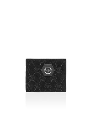 Philipp Plein Leather French Wallet Monogram Strass - Black