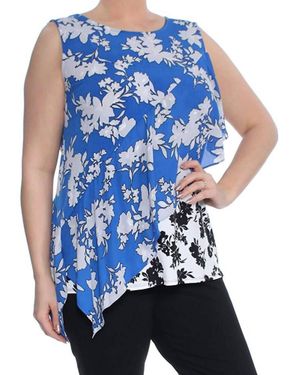 Alfani Asymmetrical Mixed Print Sleeveless Jewel Neck Top - Blue