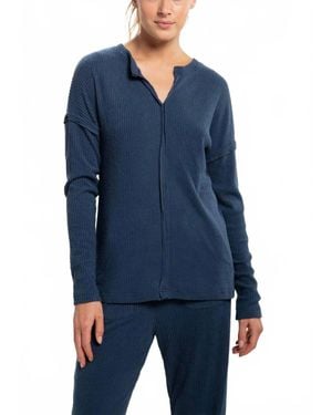 Mono B Ribbed Chill Lounge Pullover With Notched Neckline - Blue