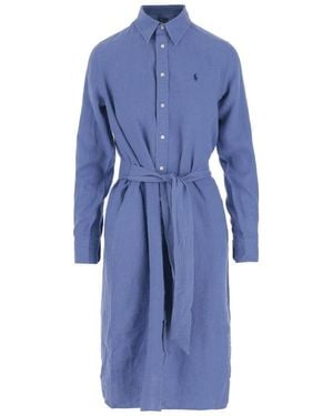 Polo Ralph Lauren Linen Dress With Classic Collar And Adjustable Waist - Blue