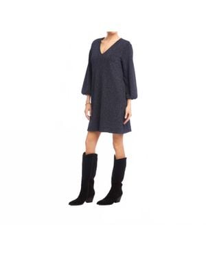Karen Kane Blouson Sleeve Metallic Knit V-Neck Dress - Blue