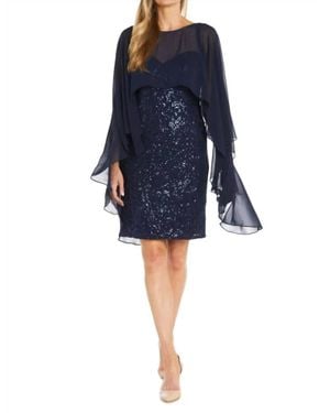 R & M Richards Shear Cape Overlay Sparkled Dress - Blue