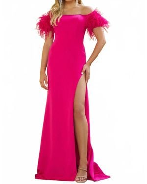 Ava Presley Off Shoulder Feather Trim Evening Dress - Pink