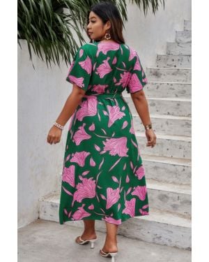 TRUEDAMES Plus Floral Short Sleeve Split Belted Midi Dress - Orange