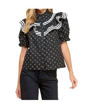 TCEC Floral Ruffle Detail Button Up Top - Black