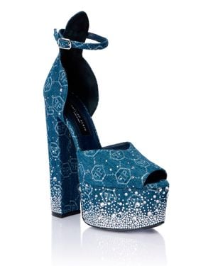 Philipp Plein Denim High Heels Platforms Monogram Strass - Blue