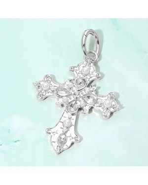 Fashnzfab Gem Pearl Accent Ornate Cross Pendant Charm - Blue