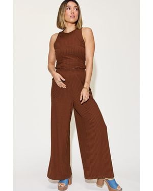 TRUEDAMES Full Size Ribbed Tank And Wide Leg Pants Set - Brown