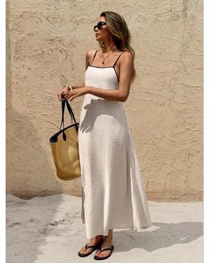 TRUEDAMES Off-The-Shoulder Backless Solid Color Suspender Strap-Up Long Dress - Natural