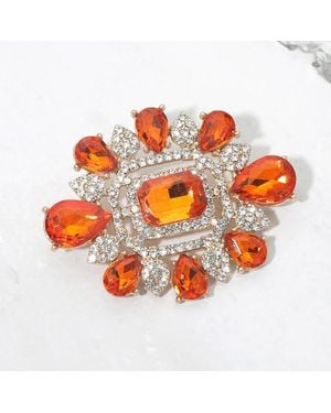 Fashnzfab Ornate Teardrop Rectangle Stone Embellished Pin Brooch - Orange