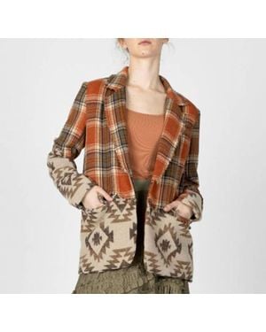 Miss Me Plaid Mixed Aztec Print Blazer - Brown