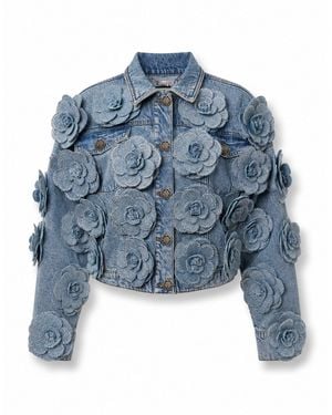 Philipp Plein Cropped Denim Jacket All-Over Roses - Blue