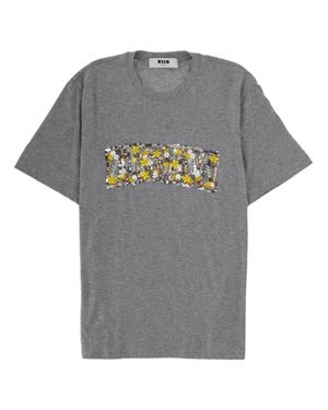 MSGM Sequin Floral Patch Cotton T-Shirt - Gray