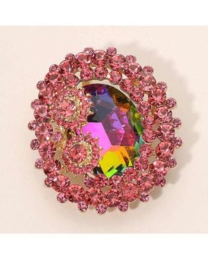 Fashnzfab Oval Glass Crystal Double Flower Pin Brooch - Pink