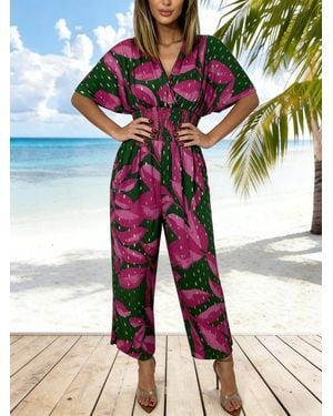 TRUEDAMES Summer V-Neck Printed Dolman Sleeve Cropped Wide-Leg Jumpsuit - Pink
