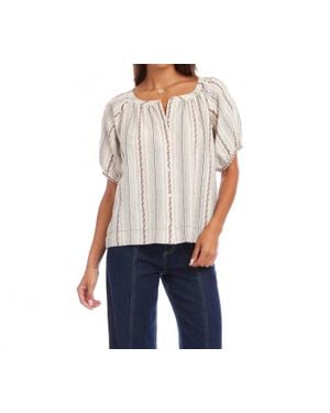 Karen Kane Stripe Puff Sleeve Embroidered Peasant Top - Blue
