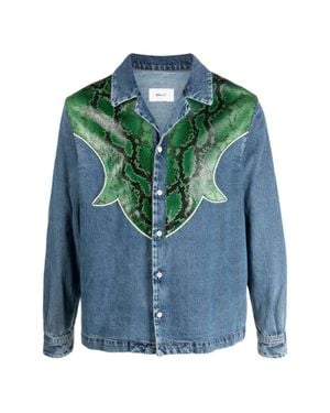 Bally Snakeskin Paneled Denim Shirt - Green