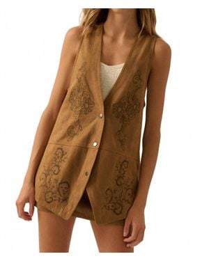 Promesa Floral Embroidered Faux Suede Snap-Front Vest - Brown