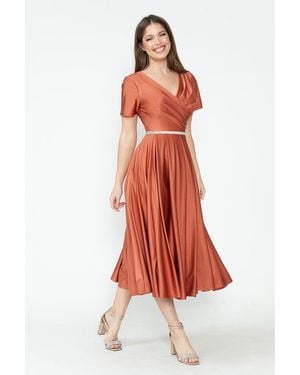 TRUEDAMES V-Neck Short Sleeve Midi Dress With Rhinestone Waistband And Pockets - Red