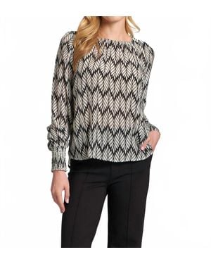 Apny Leaf Print Blouse With Smocked Cuff - Black