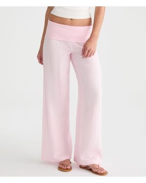 Aéropostale Low-Rise Gauze Fold-Over Wide Leg Pants - White