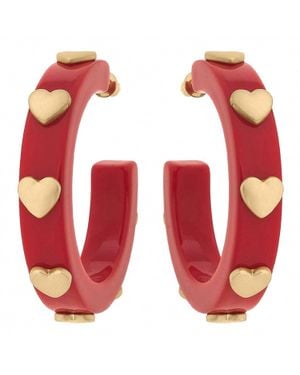 Canvas Style Hoop Heart Earrings - Red