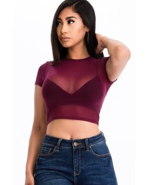 TRUEDAMES Sexy Mesh Sheer Short Sleeve Crop Top - Red